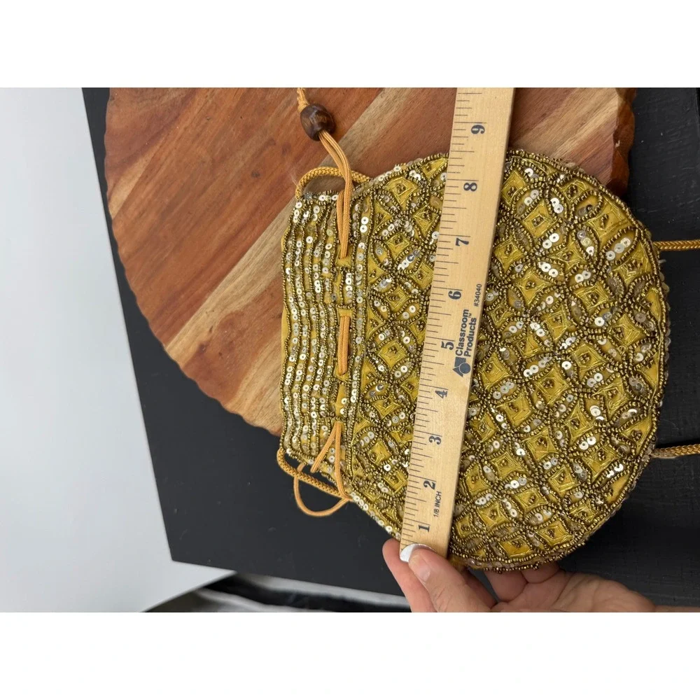 Unbranded Beaded Drawstring Pouch Bag Women Small Gold Sequin Evening Purse
